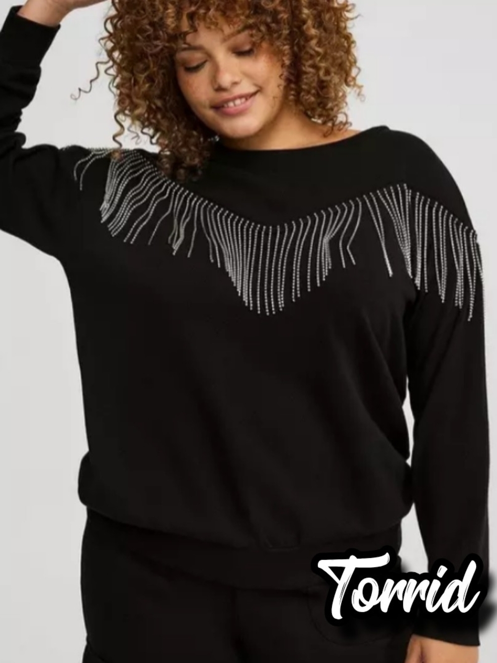 Torrid Black Sweater with Silver Fringe Rhinestones